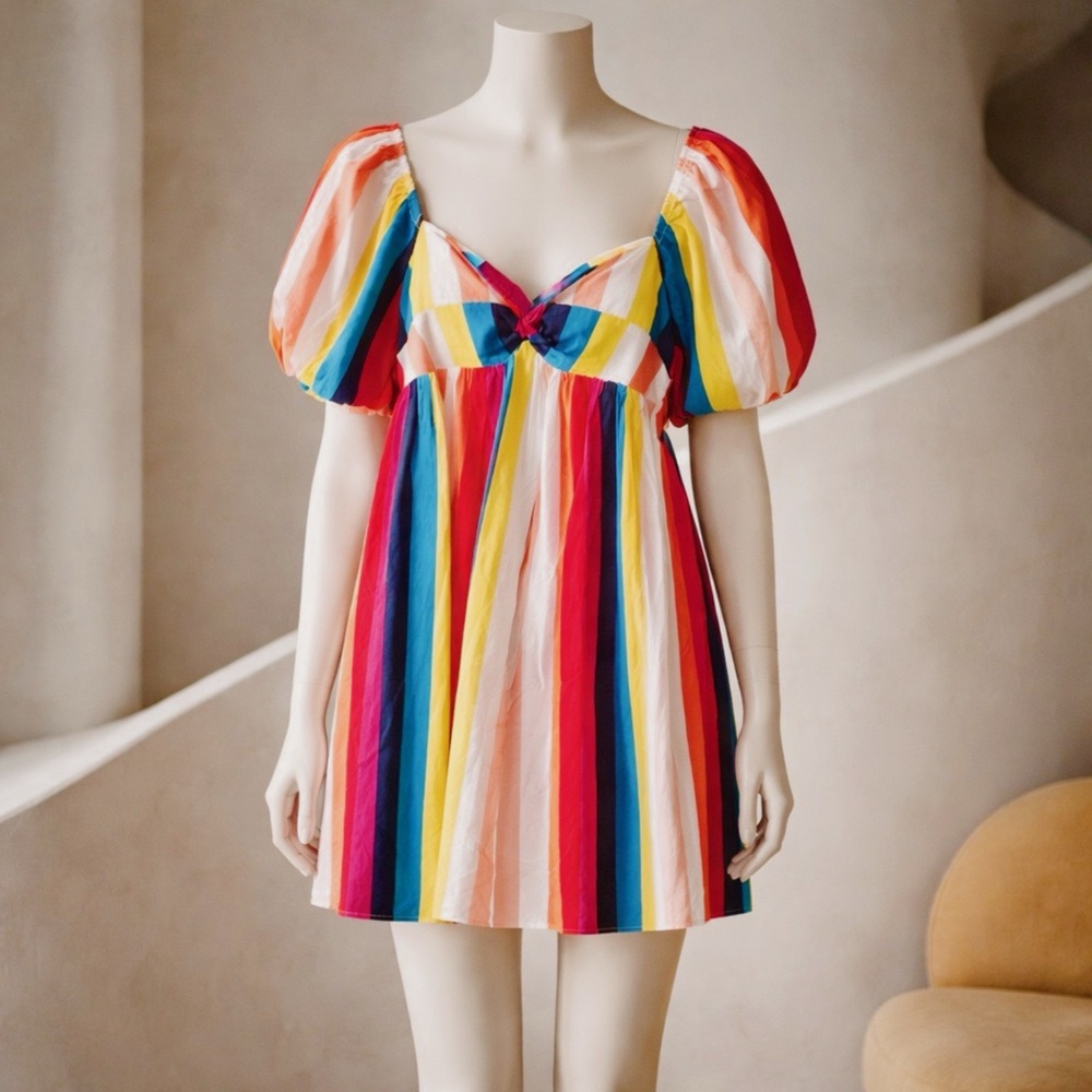 English Factory Multicolor Rainbow Stripe Puff-Sleeve Mini Dress